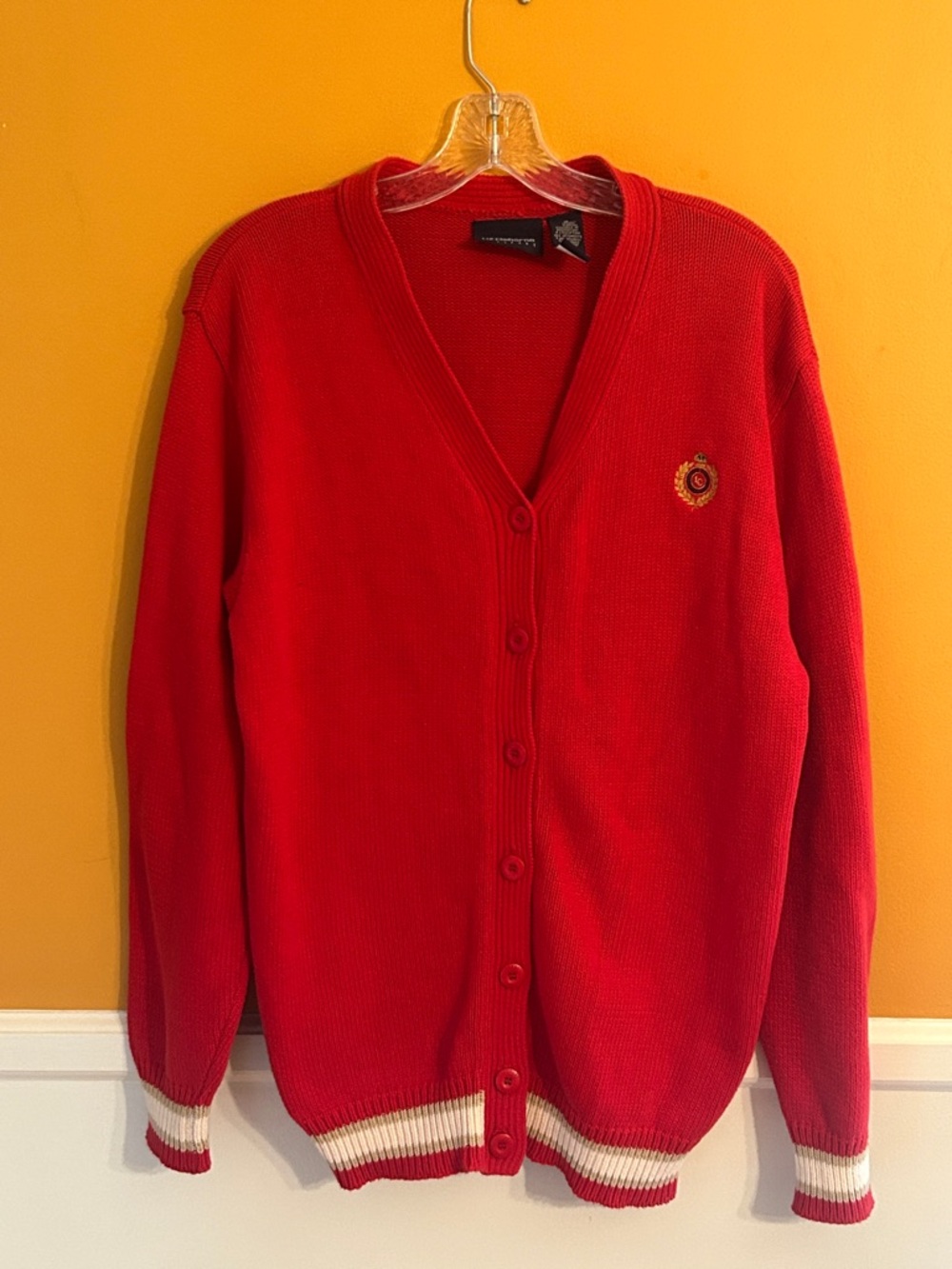 Women’s Red Button-Up Cardigan Sweater with Crest